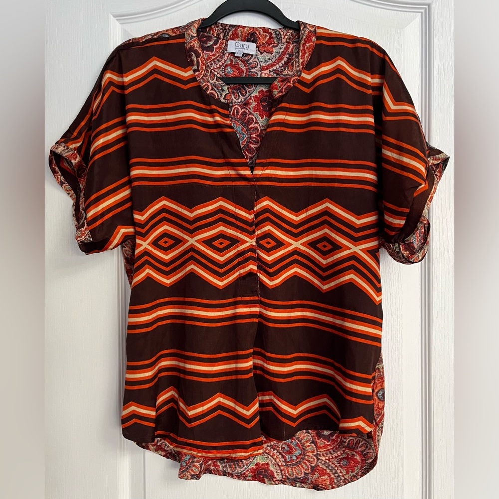 100%Silk Dolman Sleeve Mandarin Collar Contrasting pattern Blouse S/M